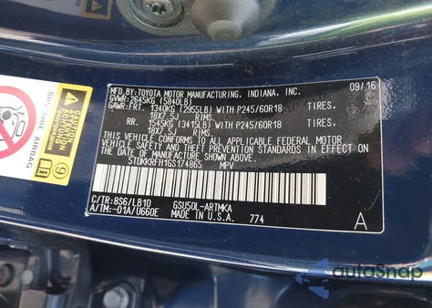 2016 Toyota Highlander Xle V6 from USA, damaged, VIN 5TDKKRFH1GS174865